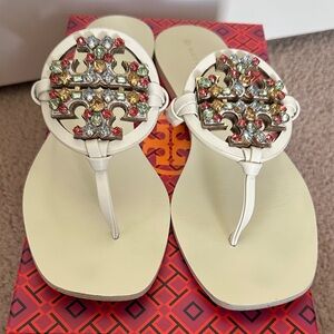 Tory Burch White Sandals with Embellished Design Size 9.5